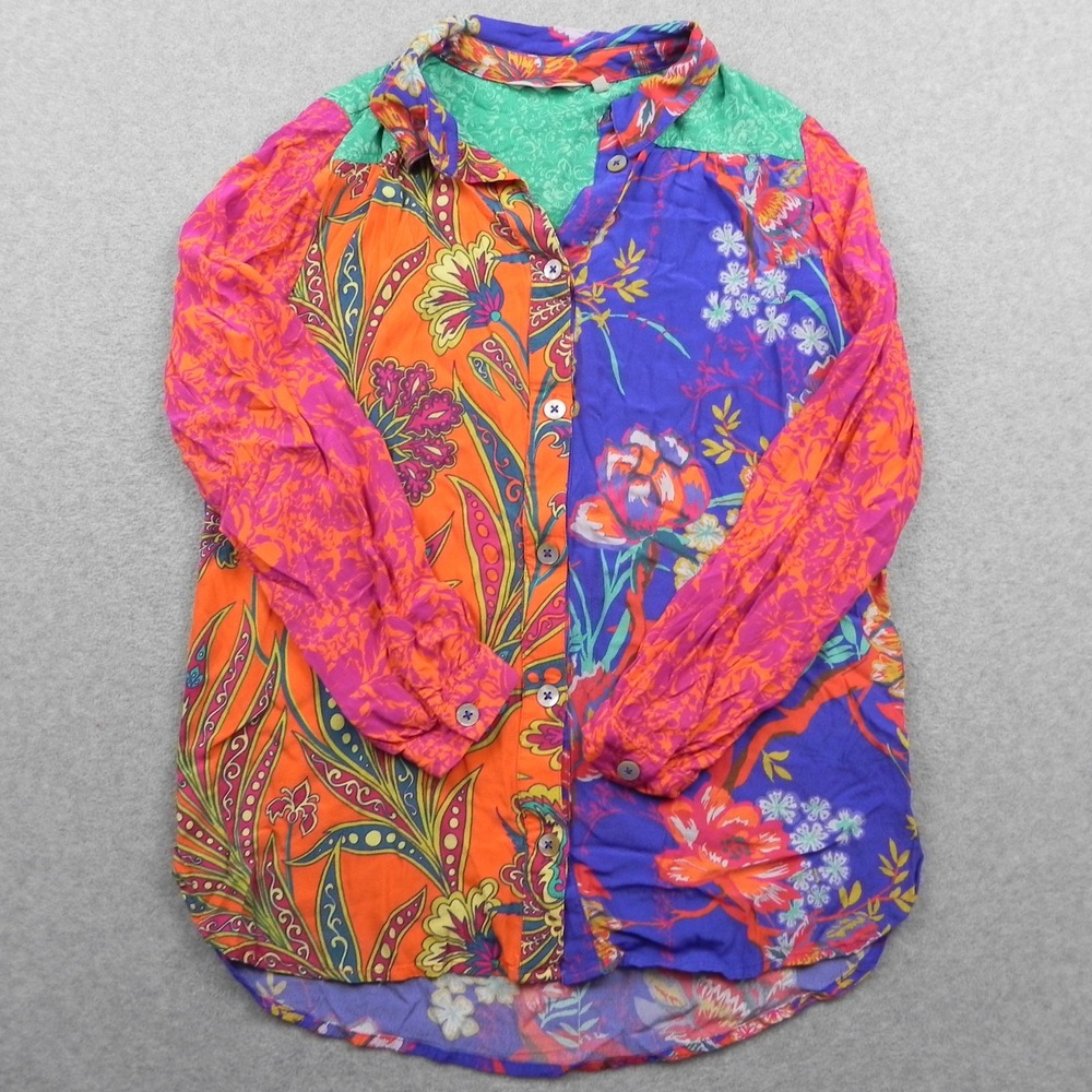 Soft Surroundings Shirt Top Womens Medium Button Up Colorful Floral Long Sleeve